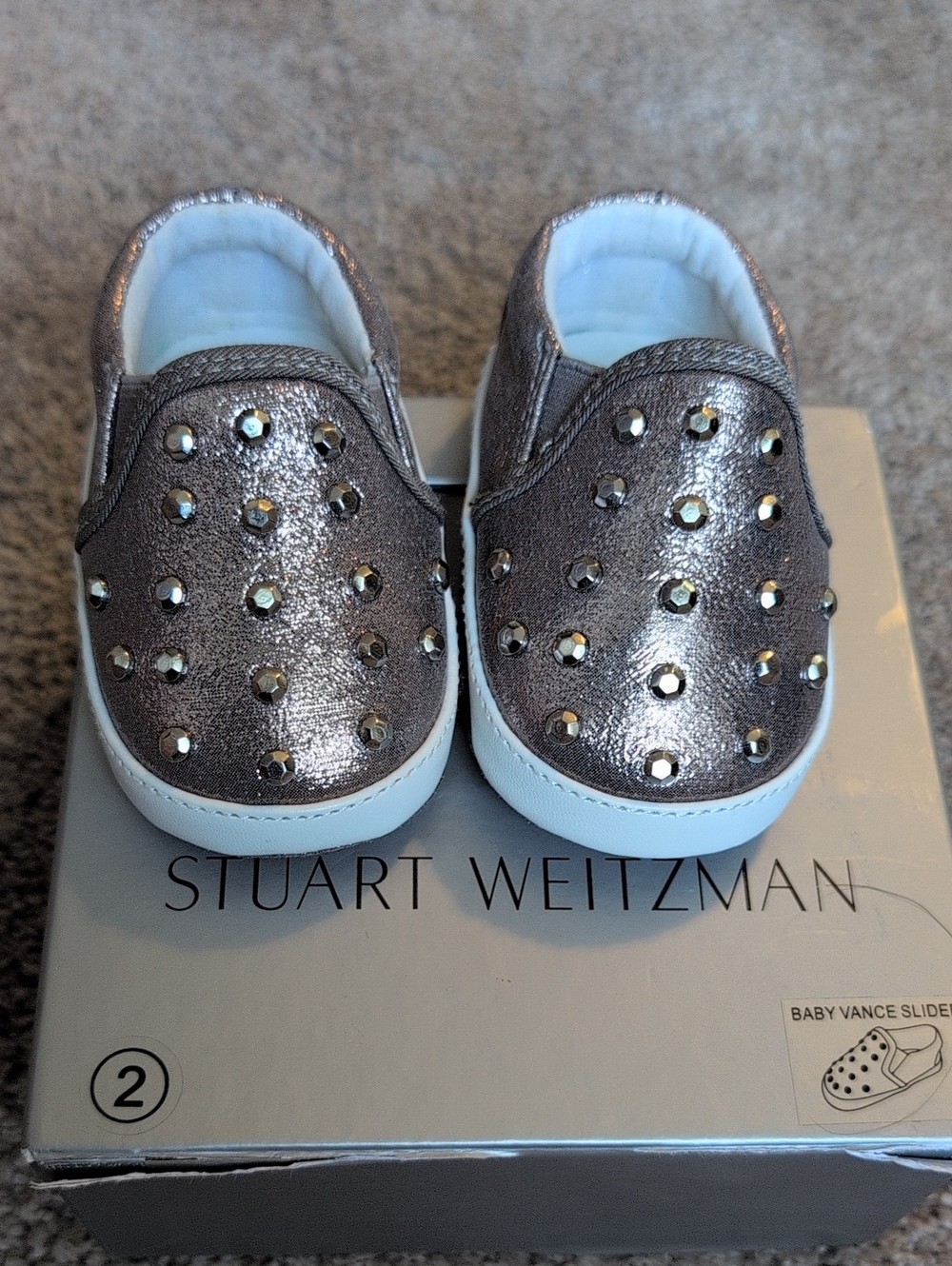 NIB - Stuart Weitzman Metallic Rise Gold Studded Baby Slip-On Shoes (Size 2)